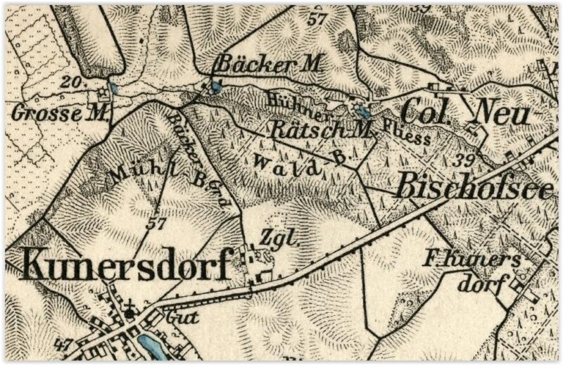 Młyńskie Wzgórza i młyny nad Lisią (Hühner Fliess) na Karte des Deutschen Reiches z 1898 roku