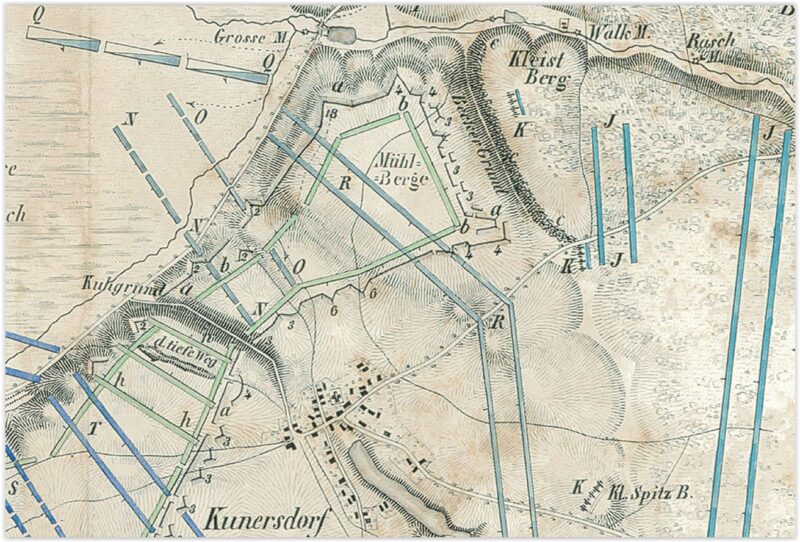 Fragment mapy bitwy pod Kunowicami, aut. Benjamin Herder, 1831 r. 